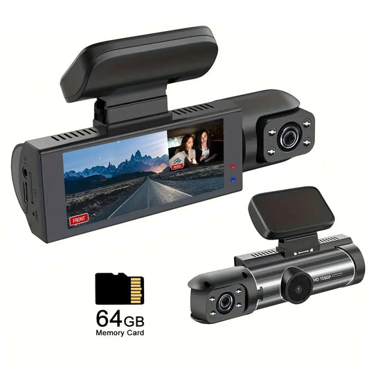 Dual Recording Car DVR Camera, Dash Cam with 64GB Memory Card, Wide Angle Car Dash Camera with 3.16 Inch Lps Screen, Video Surveillance, Jerl Dash Cam, Recording Camera, Car Dashcam(Non-Rechargeable Model; Must Be Plugged in for Use.)