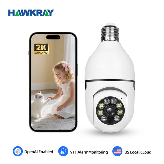 Hawkray 4MP Smart Light Bulb Camera Monitoring Full Color Night Vision Easy Installation Motion Detection Two-Way Audio 5G/2.4G Dual-Wifi US Local Cloud Cord Safety Socket