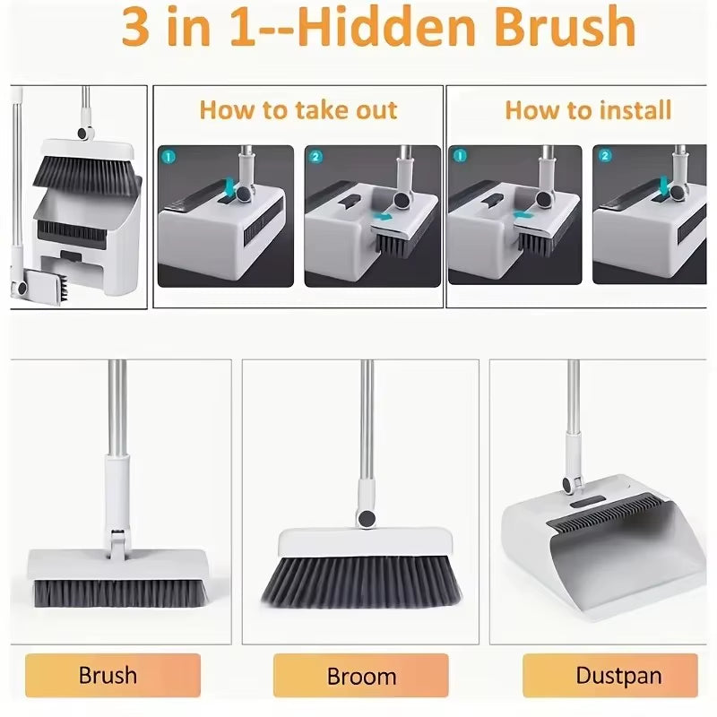 Three in One Folding Broom and Dustpan Combination Set, Multi-Faceted Cleaning Kit, Suitable for Living Rooms and Hard Floors
