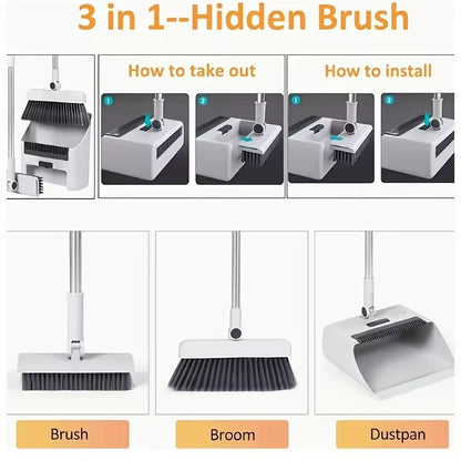 Three in One Folding Broom and Dustpan Combination Set, Multi-Faceted Cleaning Kit, Suitable for Living Rooms and Hard Floors