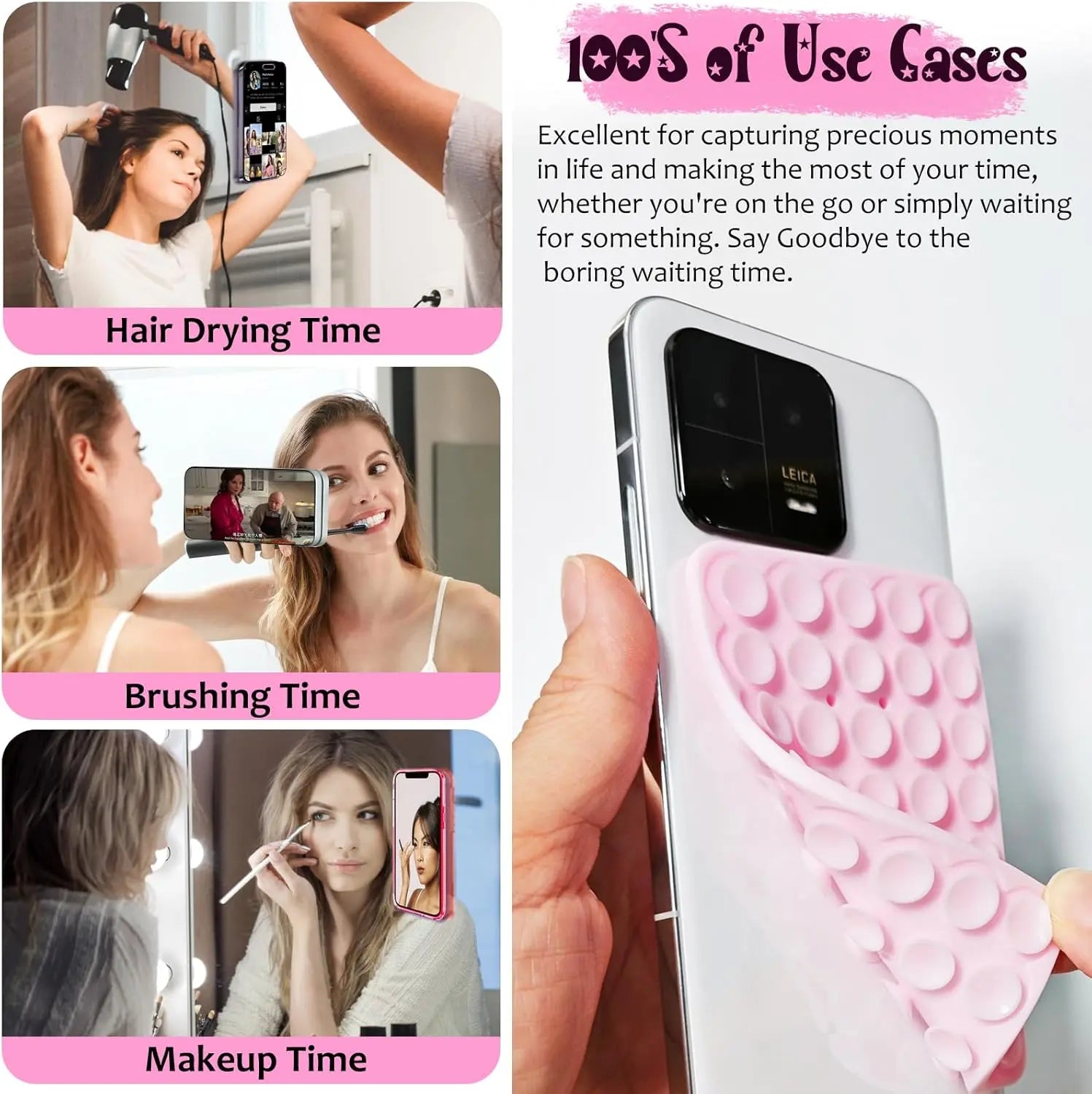 Silicone Suction Cup Phone Case Mount Double Sided, Phone Accessories Hands-Free Strong Grip Holder for Selfies and Videos, Silicon Phone Stand for Iphone and Android Light Pink Smartphone Porta Celular