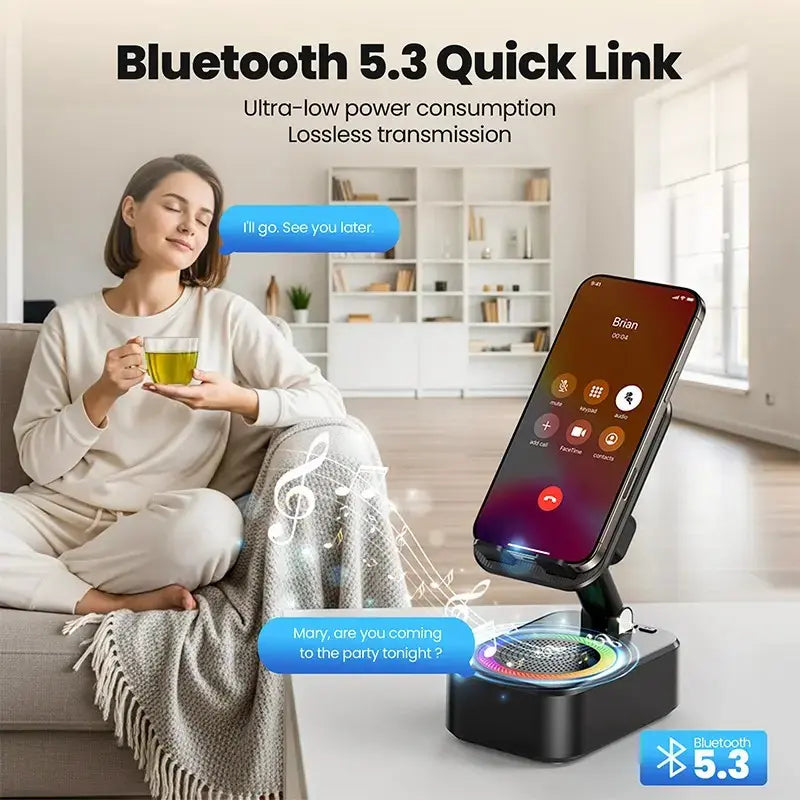 IMOLI Wireless Audio Induction Bluetooth Speaker with Emergency Charging 5In1 Phone Holder Power Bank LED Nightlight for Tablet Iphone Android 5.3 Connectivity 1500Mah Battery 100Hz-20Khz Frequency Response New Design Durable Smart Device