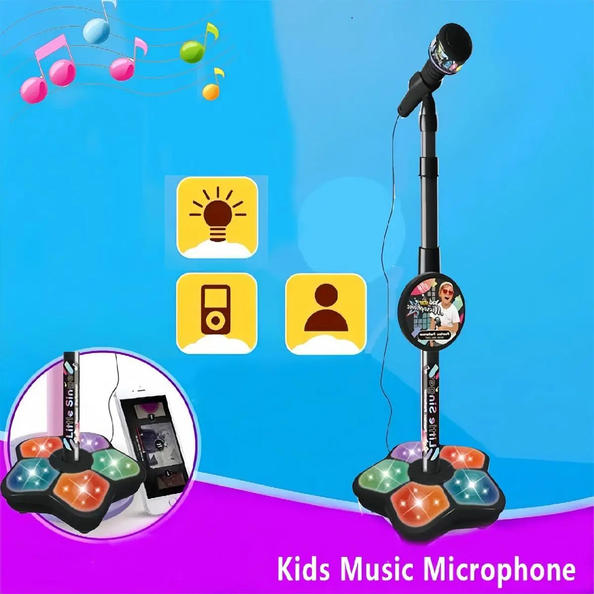 Microphone Toy with Super Colorful Lights, Unisex Child Singing Mic with Stand, Role Play Music Enlightenment Educational Entertainment Toy