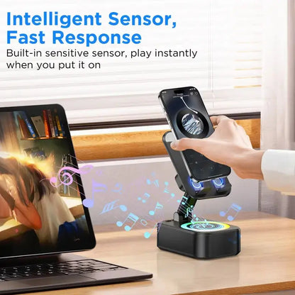 IMOLI Wireless Audio Induction Bluetooth Speaker with Emergency Charging 5In1 Phone Holder Power Bank LED Nightlight for Tablet Iphone Android 5.3 Connectivity 1500Mah Battery 100Hz-20Khz Frequency Response New Design Durable Smart Device