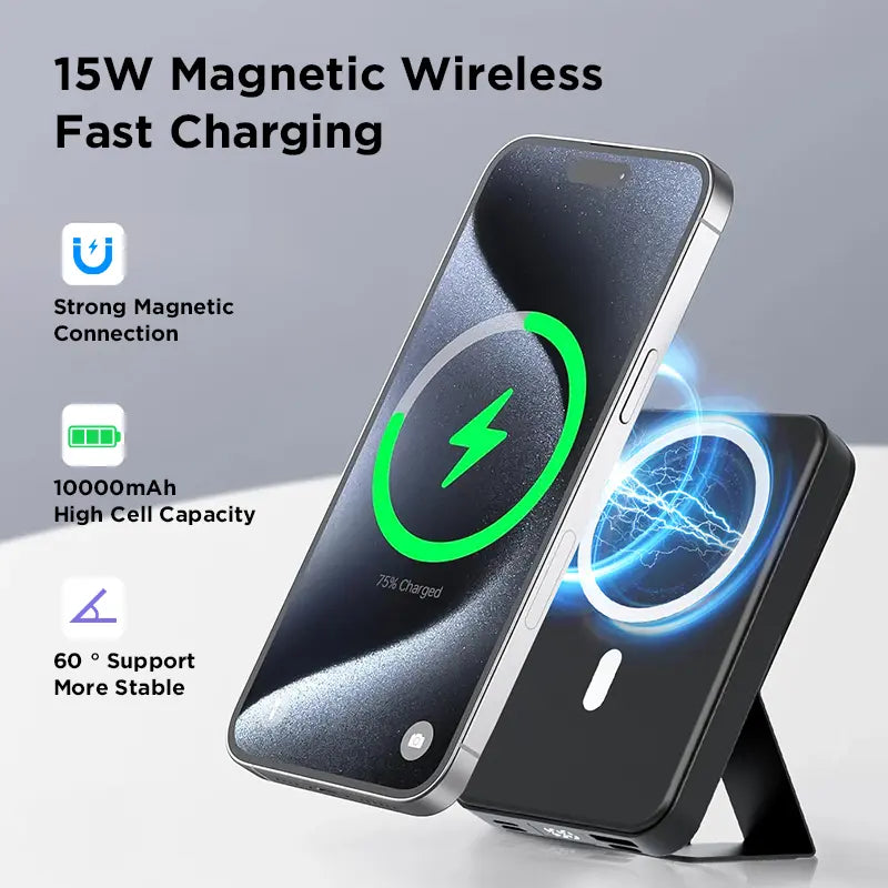2026 US Spring Glow up Campaign 10000Mah Magnetic Power Bank Wireless Portable Charger with USB-C Cable LED Display Foldable Battery Pack for Iphone17/ 16/15/14/13/12/Pro/Pro Max Series Charging Compact Silicone Black