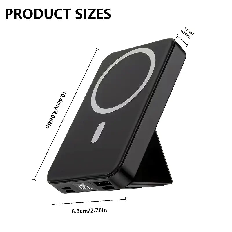 2026 US Spring Glow up Campaign 10000Mah Magnetic Power Bank Wireless Portable Charger with USB-C Cable LED Display Foldable Battery Pack for Iphone17/ 16/15/14/13/12/Pro/Pro Max Series Charging Compact Silicone Black